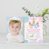 Unicorn Birthday Party Invitations with Photo Kaart (Staand voorkant)