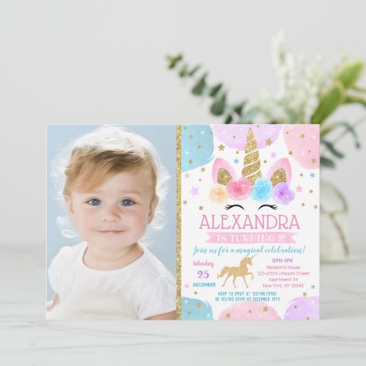 Unicorn Birthday Party Invitations with Photo Kaart (Staand voorkant)