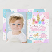 Unicorn Birthday Party Invitations with Photo Kaart (Voorkant / Achterkant)
