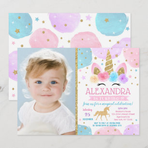 Unicorn Birthday Party Invitations with Photo Kaart