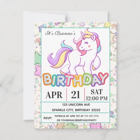 Unicorn Birthday Party Kaart (Voorkant)