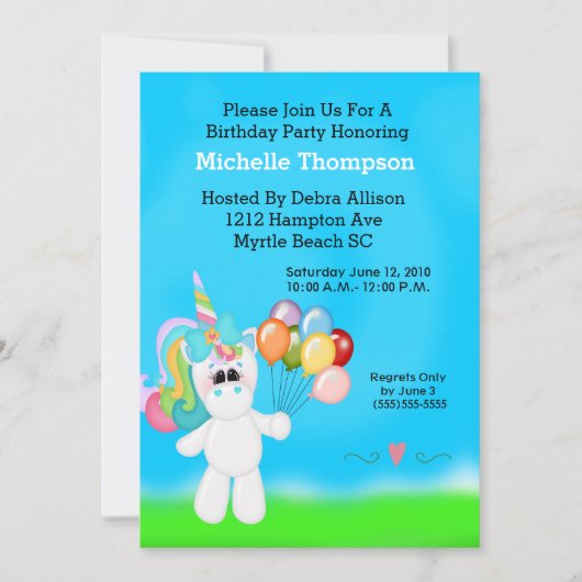 Unicorn Birthday Party Kaart (Voorkant)