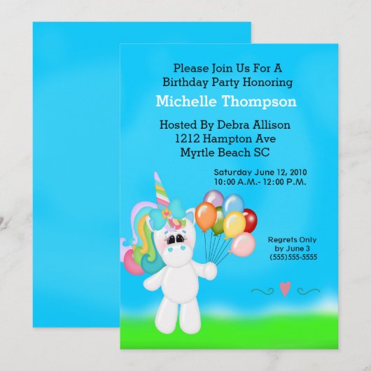 Unicorn Birthday Party Kaart (Voorkant / Achterkant)