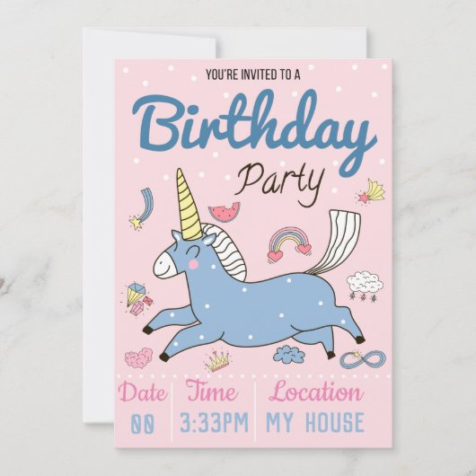 Unicorn Birthday Party Kaart (Voorkant)