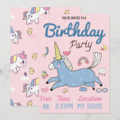 Unicorn Birthday Party Kaart (Voorkant / Achterkant)