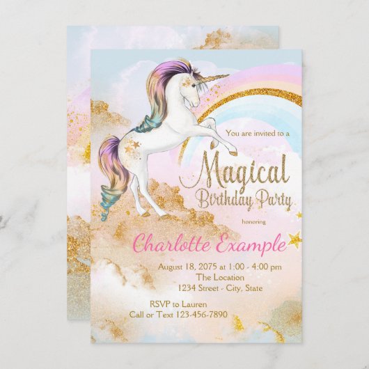 Unicorn Birthday Party Kaart (Voorkant / Achterkant)
