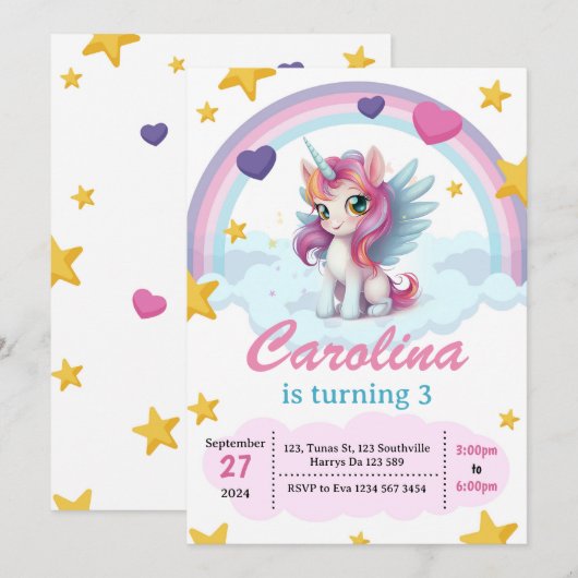 Unicorn Birthday Party Kaart (Voorkant / Achterkant)