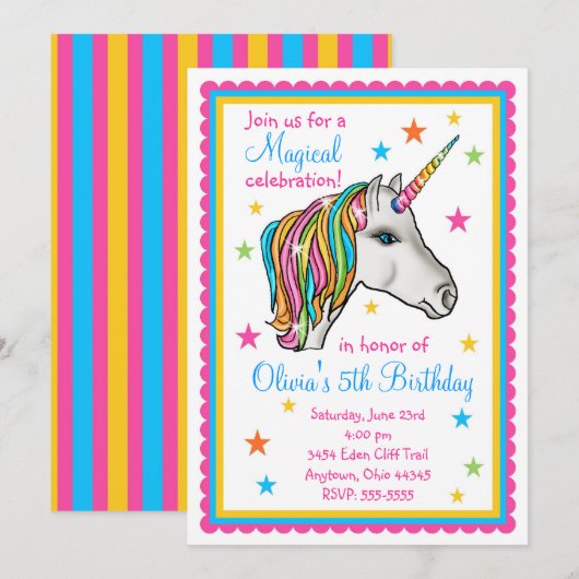 Unicorn Birthday Party Kaart (Voorkant / Achterkant)