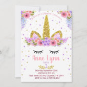 Unicorn Birthday party nodigt paars en roze uit Kaart (Voorkant)