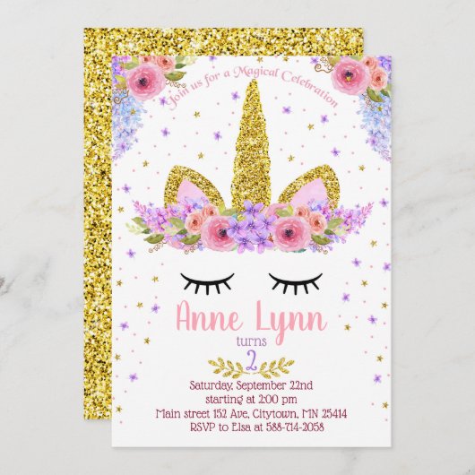 Unicorn Birthday party nodigt paars en roze uit Kaart (Voorkant / Achterkant)