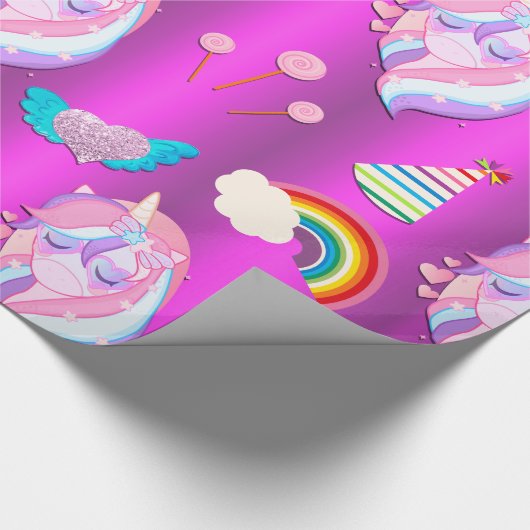 Unicorn Birthday Party on Pink Cadeaupapier (Hoek)