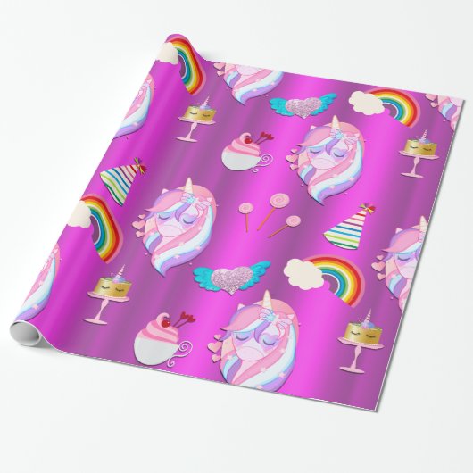 Unicorn Birthday Party on Pink Cadeaupapier (Uitgerold)