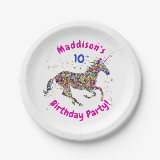 Unicorn - 'Birthday Party Paper'-Bord - 10de kind Papieren Bordje (Voorkant)
