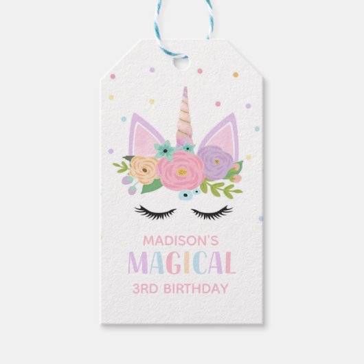 Unicorn Birthday Party Polka Dots Flowers Cadeaulabel (Voorkant)