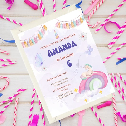 Unicorn Birthday Party, Rainbow & Clouds for Kids Kaart