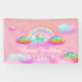 Unicorn Birthday Party Rainbow Clouds roze Gold Spandoek (Horizontaal)