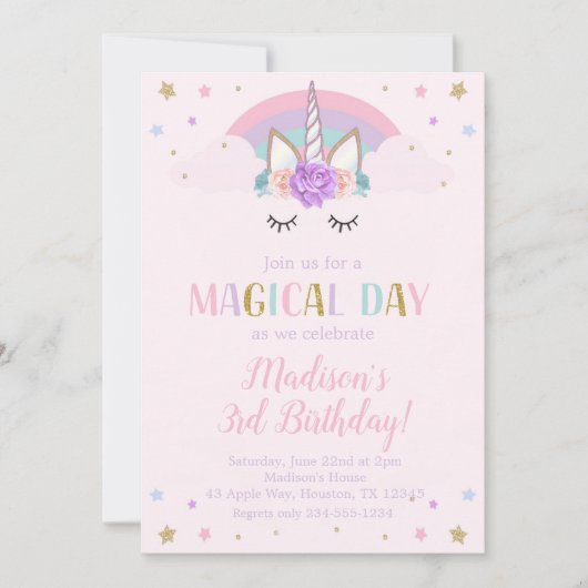 Unicorn Birthday Party Rainbow Flowers Kaart (Voorkant)