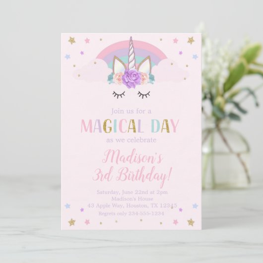 Unicorn Birthday Party Rainbow Flowers Kaart (Staand voorkant)