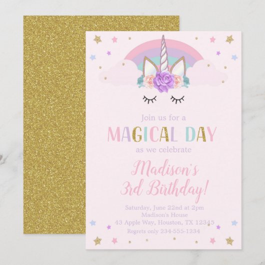 Unicorn Birthday Party Rainbow Flowers Kaart (Voorkant / Achterkant)