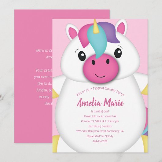 Unicorn Birthday Party roze Kaart (Voorkant / Achterkant)