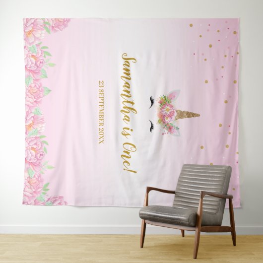 Unicorn Birthday Party Tapestry Backdrop Banner Wandkleed (In Situ (horizontaal))