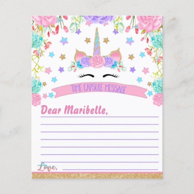 Unicorn Birthday Party Time Capsule Message (Voorkant)