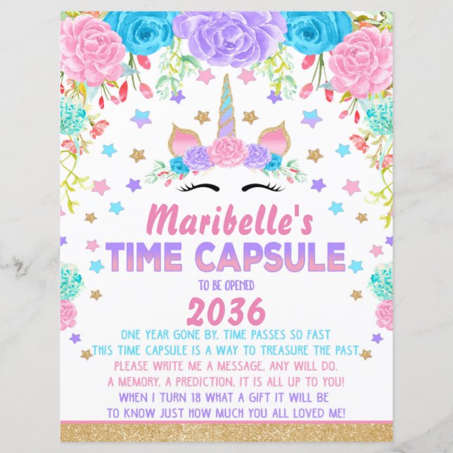 Unicorn Birthday Party Time Capsule Sign (Voorkant)