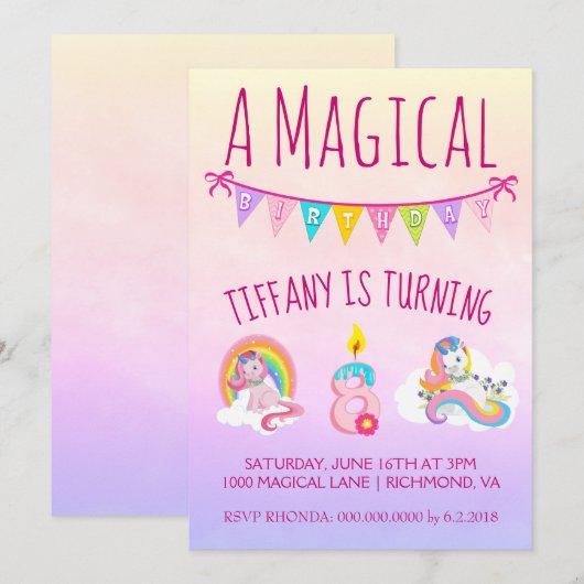 Unicorn Birthday Party voor 8 jaar Kaart (Voorkant / Achterkant)