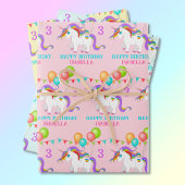 Unicorn Birthday Personaliseer Naam 3 Kleurig Inpakpapier Vel
