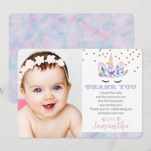 Unicorn Birthday Photo Flat Bedankkaart (Voorkant / Achterkant)