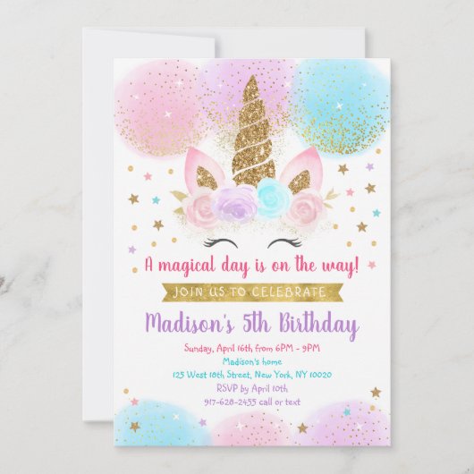 Unicorn Birthday Pink Gold Rainbow Kaart (Voorkant)