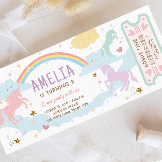 Unicorn Birthday Rainbow Pastel Magical Ticket Kaart