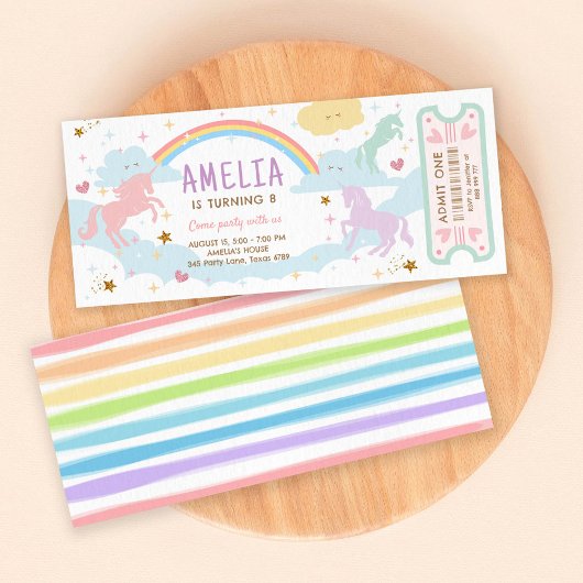 Unicorn Birthday Rainbow Pastel Magical Ticket Kaart