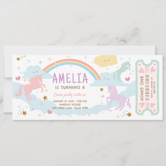 Unicorn Birthday Rainbow Pastel Magical Ticket Kaart (Voorkant)