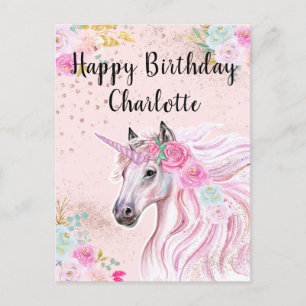 Unicorn Birthday Roze Blauwgroen Floral Aangepaste Briefkaart