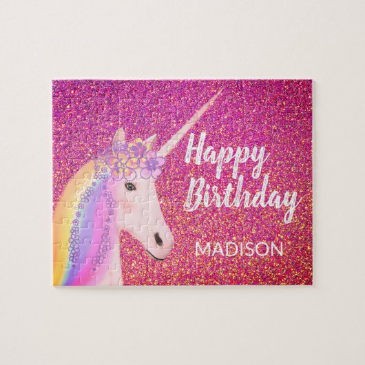 Unicorn Birthday Roze Glitter Persoonlijk Legpuzzel (Horizontaal)