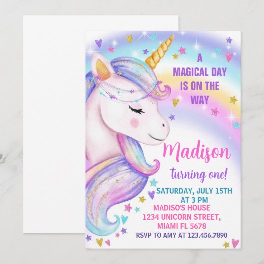 Unicorn Birthday Uitnodiging (Voorkant / Achterkant)