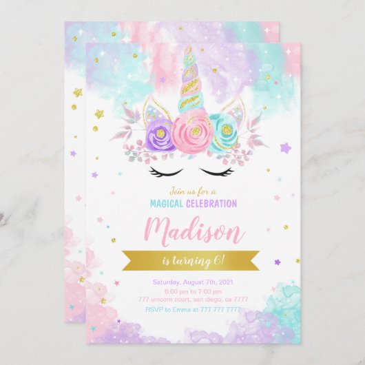 Unicorn Birthday Uitnodiging (Voorkant / Achterkant)