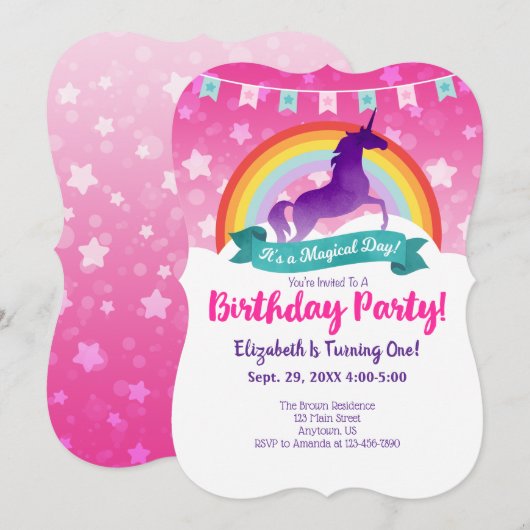 Unicorn Birthday Uitnodiging (Voorkant / Achterkant)