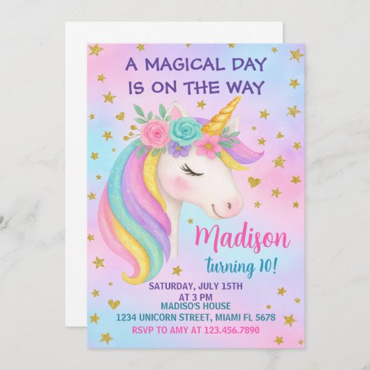 Unicorn Birthday Uitnodiging (Voorkant / Achterkant)