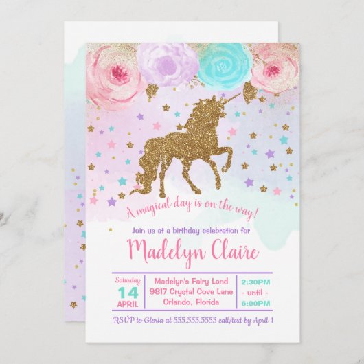 Unicorn Birthday Uitnodiging (Voorkant / Achterkant)