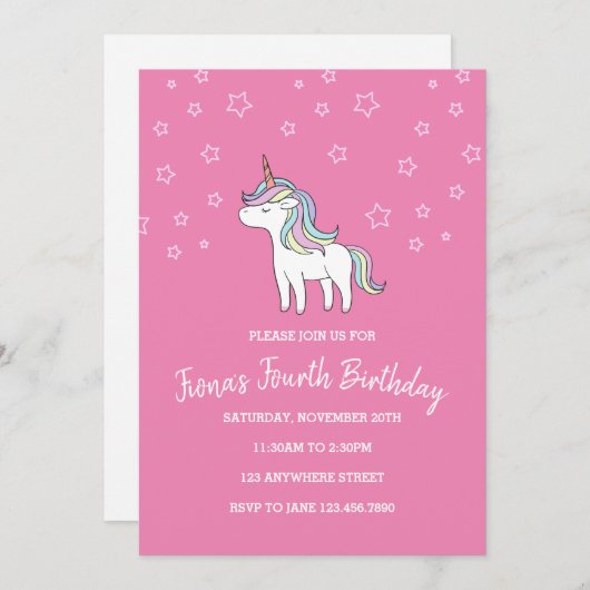 Unicorn Birthday Uitnodiging (Voorkant / Achterkant)