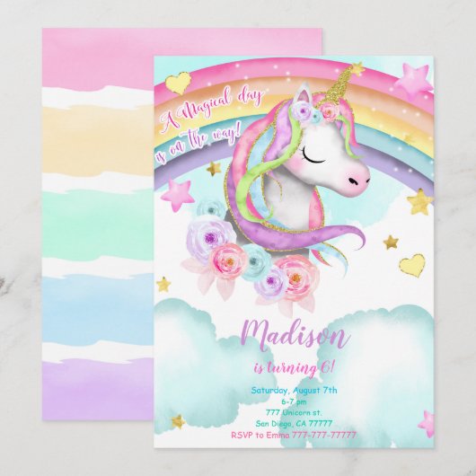 Unicorn Birthday Uitnodiging (Voorkant / Achterkant)