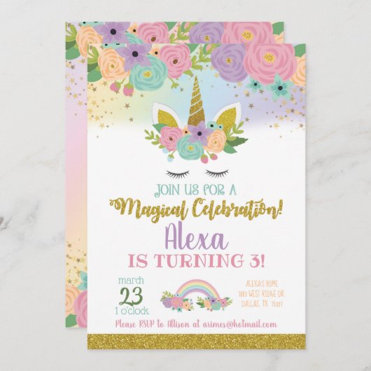 Unicorn Birthday Uitnodiging (Voorkant / Achterkant)