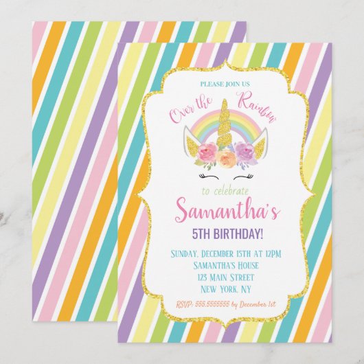 Unicorn Birthday Uitnodiging (Voorkant / Achterkant)