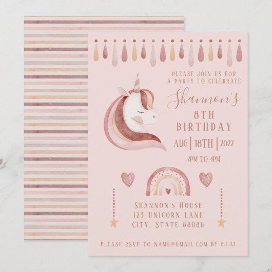 Unicorn Birthday Uitnodiging (Voorkant / Achterkant)