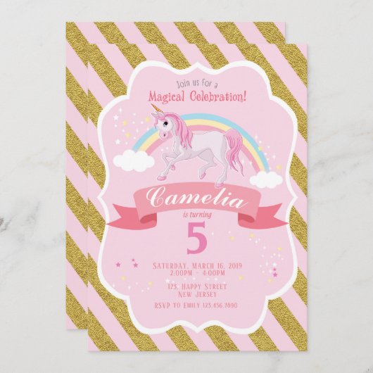 Unicorn Birthday Uitnodiging (Voorkant / Achterkant)