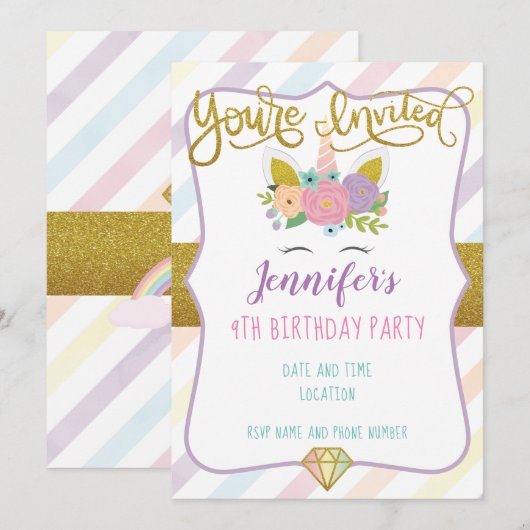 Unicorn Birthday Uitnodiging (Voorkant / Achterkant)