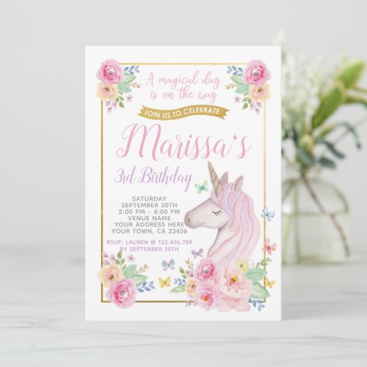 Unicorn Birthday Uitnodiging (Staand voorkant)