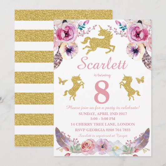 Unicorn Birthday Uitnodiging (Voorkant / Achterkant)